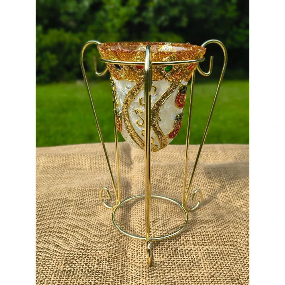 Christmas Stocking Votive Candle Holder with Gold Wire Stand Jewel Accents